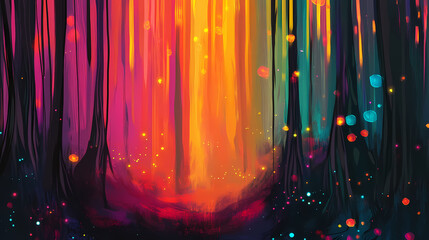 Abstract landscape. colorful art fantasy landscape with a forest and glowing lights. background illustration. digital art image. Fantasy. Illustration