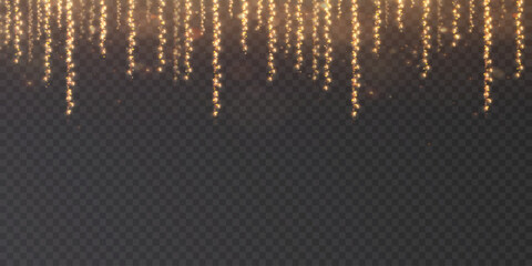 Christmas bright lights, garlands isolated on transparent background. Line of golden Christmas glowing garlands with glitter.