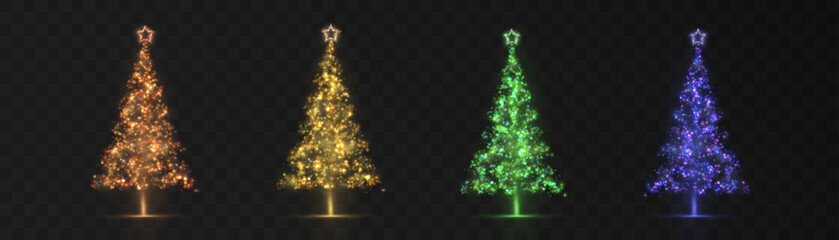 Aufkleber - Christmas glowing trees with bright lights shine for new year and holiday design isolated on transparent background.