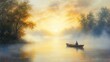 © ROY - A lone fisherman rows his boat across a tranquil lake at sunrise, the mist adding an ethereal quality to the scene.