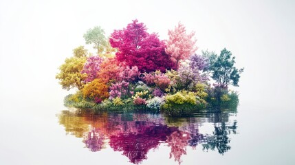 vibrant island reflection with colorful trees and serene water in a dreamy atmosphere