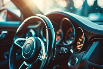 Wall Mural - a detailed view of a vehicle's steering wheel, often used as an icon or illustration