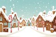 © Dina - whimsical Christmas winter street lined with candy cane lamp posts, gingerbread houses, and snow covered rooftops, minimal background with copy space