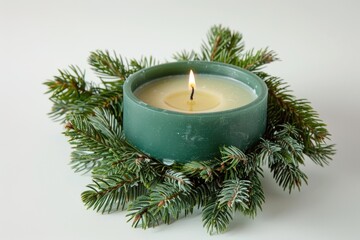 Poster - A single lit candle placed inside a green candle holder, perfect for adding warmth and ambiance to any setting