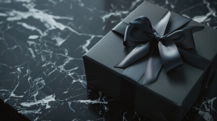 Wall Mural - Elegant Gift Box with Ribbon on Black Marble for Stylish Premium Promotions