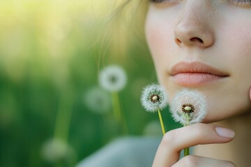 A woman holds a dandelion in front of her face, perhaps symbolizing hope or innocence