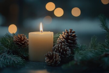 Wall Mural - A lone candle sits atop a table surrounded by pine cones, evoking a cozy atmosphere