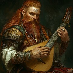 Dwarf bard, handsome, red haired, long beard with runes braided into it, holding a lute, wears a lot of jewelry, lot of rings, black and gold clothes