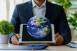 © SKIMP Art - Businessman using a tablet with a global network and world map, a digital connections concept for international business or technology on a desk Generative AI