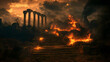© Thiago - The eternal fire, dark atmospheric landscape with stairs to ancient columns and font of fire, fantasy background. Fantasy. Illustration
