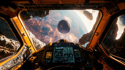 Wall Mural - The interior of a spaceship with a view of a distant planet or galaxy, offering a futuristic and awe-inspiring space exploration scene.