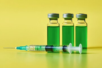 Wall Mural - The image shows glass bottles and ampoules, a syringe, and a green background