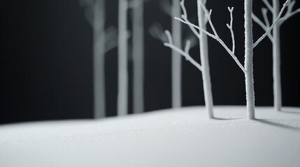   A monochrome image featuring a line of snow-covered trees against a dark backdrop