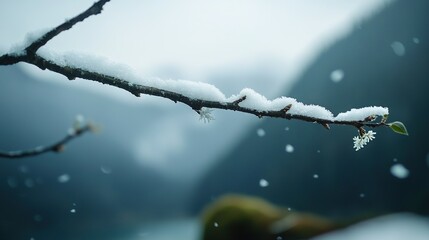 Wall Mural -   A snow-covered tree branch with a protruding leaf against a mountain backdrop