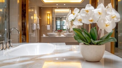 Wall Mural - Luxury bathroom interior with marble countertop, orchid flower, and blurred background.