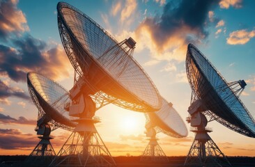 silhouettes of four large radio telescope dishes against the backdrop of an evening sky with clouds,