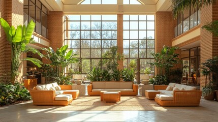 Poster - The spacious lounge features comfortable seating and lush greenery, illuminated by natural light streaming through large windows, creating a serene atmosphere.