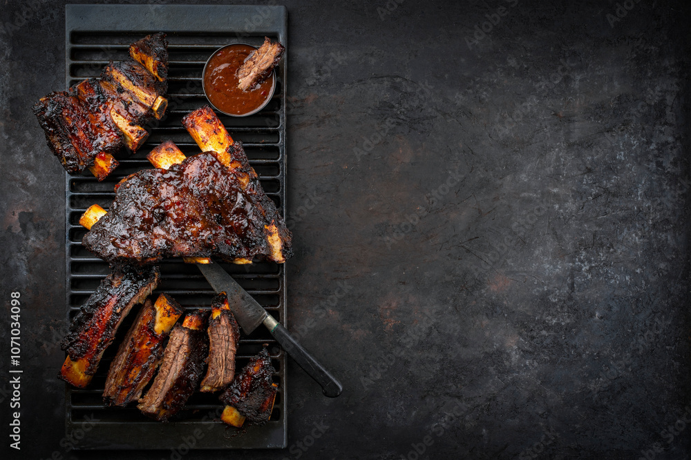 Barbecue burnt chuck beef ribs marinated with spicy rub and served as ...