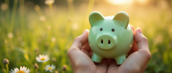 Wall Mural - Close-up of hands gently grasping a green piggy bank in a sunlit field, symbolizing savings, growth, and eco-friendly financial concepts amidst a serene natural setting.

