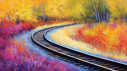 Sticker -   A vibrant train track meanders through an array of yellows, reds, and oranges in a wildflower-filled field