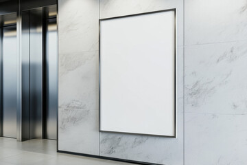 Wall Mural - Office wall poster mock up. Modern office lobby corridor interior with a glass wall, elevator and empty blank white vertical poster on concrete wall. Mockup