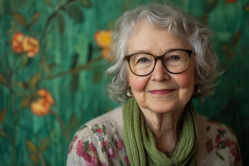 Wall Mural - portrait of a cheerful smiling elderly grandmother in glasses on a green background