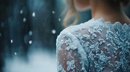 Wall Mural -   The rear of a woman's dress adorned with snowflakes against a lush forest background
