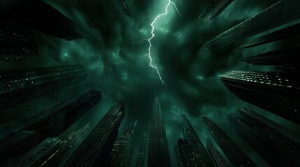   A towering skyscraper featuring a lightning bolt at its peak, surrounded by an array of tall buildings