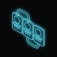 Wall Mural - glowing neon server rack icon isolated on a black background, representing concepts such as server h