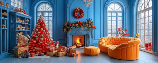 Wall Mural - Cozy Living Room with Red Christmas Tree and Fireplace. A beautifully decorated room with blue walls, a glowing fireplace, and a red Christmas tree surrounded by gifts.
