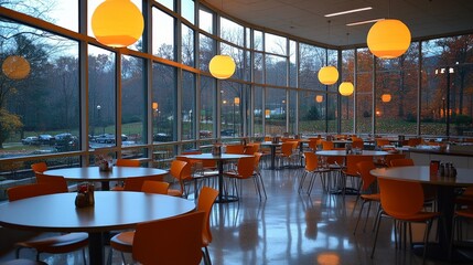 Poster - The dining space features several orange chairs and round tables, illuminated by soft pendant lights, creating a warm atmosphere as the evening sets in. Large windows capture the surrounding nature.
