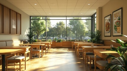 Fototapete - The spacious dining area features wooden tables and chairs, filled with natural light coming from large windows. Verdant plants are placed strategically, enhancing the ambiance.