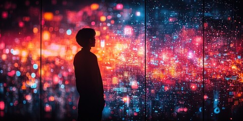 Aufkleber - Silhouette of a person gazing at a digital cityscape with glowing lights