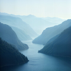 a tranquil blue mountain lake, surrounded by a multitude of verdant green mountains and hills, with 