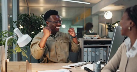 Leinwandbilder - Business man, computer and high five for celebration, partnership deal and client acquisition with success. Employee, technology and achievement for development, growth and company funding investment