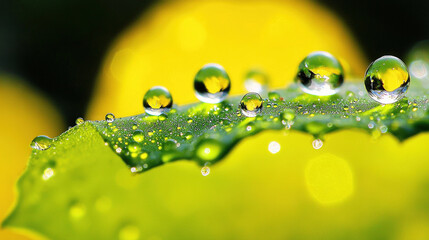 Wall Mural - a macro shot of a verdant foliage with droplets of h2o on the leaf's top and bottom