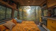 © Prostock-studio - A serene van interior showcases a vibrant yellow bedspread with cushions, surrounded by shelves and kitchen supplies. Outside, colorful autumn trees are partially obscured by morning fog.