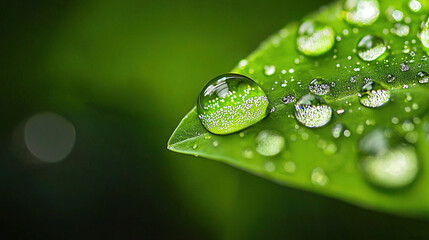 Wall Mural - a green leaf with water droplets and a blurry background