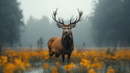 A majestic red deer stag stands in a field of wildflowers, looking directly at the camera, with a soft rain falling around him.