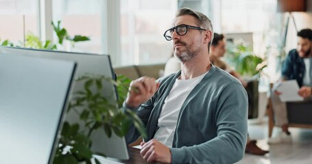 Aufkleber - Man, neck pain and computer in office, muscle strain and employee burnout at startup business. Mature person, coworking workplace and stress in uncomfortable chair, bad posture and fibromyalgia