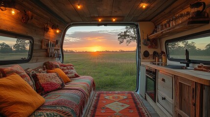 Poster - The warm, inviting van interior features vibrant cushions and a rustic kitchen setup, offering a breathtaking sunset view over the field, creating a peaceful atmosphere.