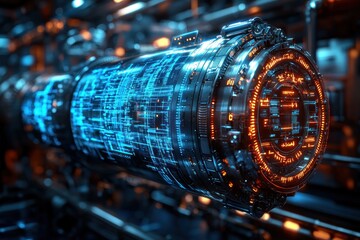 Aufkleber - Futuristic Cybernetic Mechanism with Glowing Blue and Orange Displays