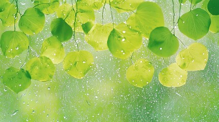 Wall Mural -   A photo of green leaves hanging from a window, dripping with water, against a backdrop of lush green grass