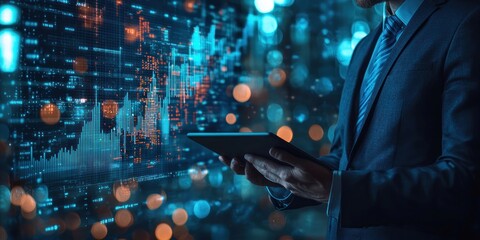Leinwandbilder - Businessman Using Tablet with Stock Market Data Displayed