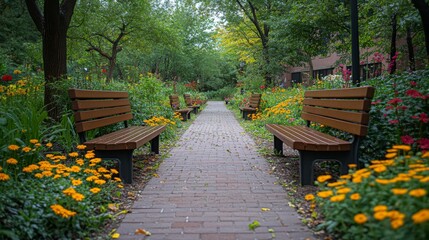 Aufkleber - Brightly colored flowers line a charming pathway in a lush urban park. Benches invite visitors to sit and enjoy the tranquility of nature on a sunny summer day.