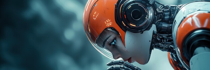 Poster - A Close-up Portrait of a Female  with an Orange Helmet