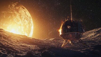 Wall Mural - a futuristic spaceship lands on a desolate alien moon in front of a burning sun.