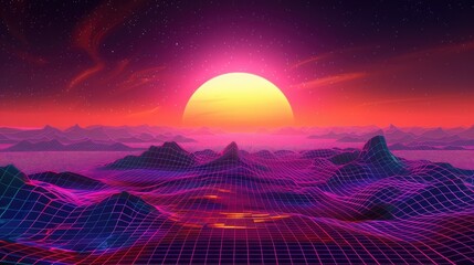 Wall Mural - a glowing sunset over a digital landscape with a retro grid pattern.