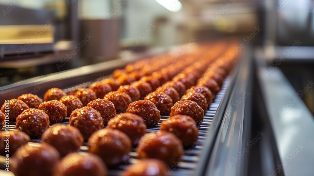Flow Process Meatball Production of meatballs on a conveyor belt in a busy food processing ...