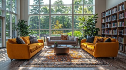 Poster - This inviting reading area features two bright yellow sofas arranged around a circular coffee table. Large windows flood the space with natural light, showing scenic greenery outside.